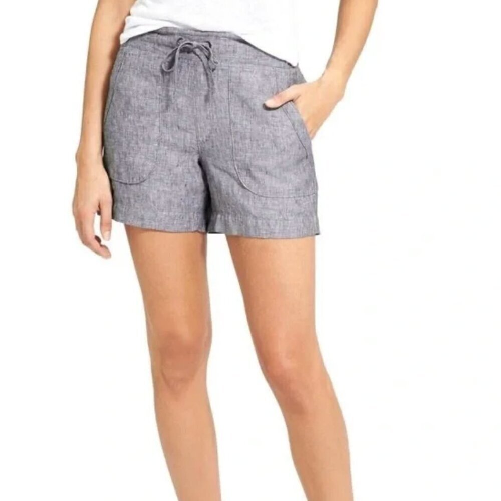 Loft Women's Size XL Linen Shorts Blue Gray White Stripes Tie Closure Elastic